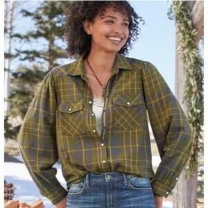Sundance Women’s Lenora Olive Plaid Snap Shirt Large Western Boho Cottagecore